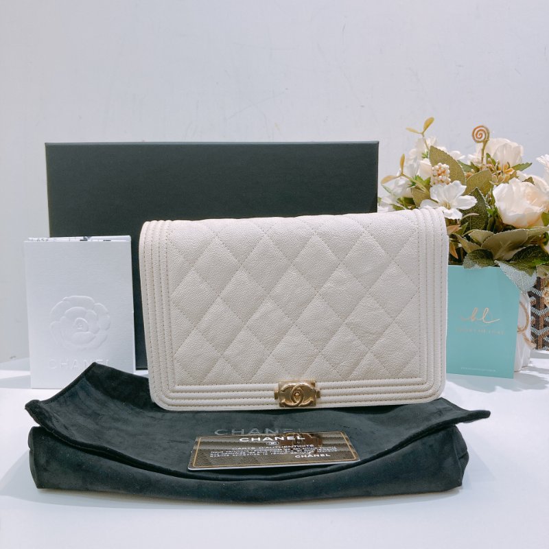 TW4706	Chanel香奈兒 牛皮 鏈條銀包Boy Wallet On Chain Caviar White x GHW-15