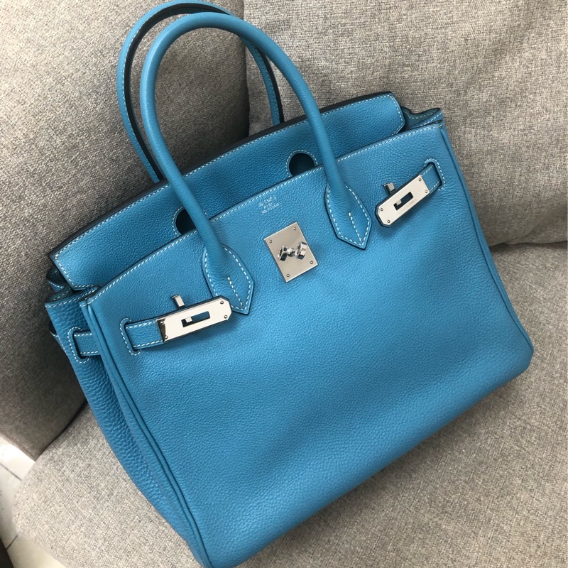 98新Hermes愛馬仕Birkin30牛仔藍Togo銀扣I刻-0