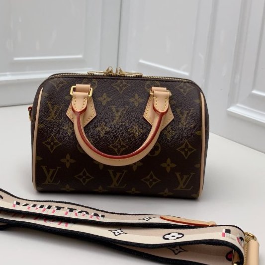 全新品 路易威登/Louis Vuitton 老花speedy20 米色肩帶芯片款-0