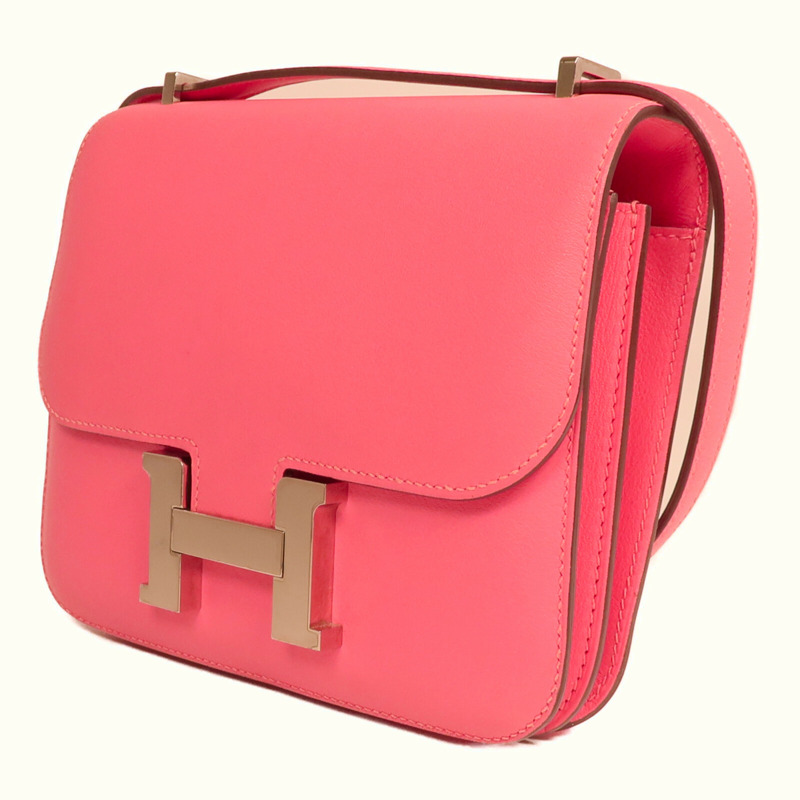 HERMES Swift皮革Mini Constance銀扣手挽肩背兩用袋Rose Azalee-2