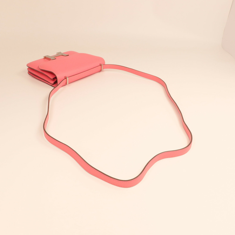 HERMES Swift皮革Mini Constance銀扣手挽肩背兩用袋Rose Azalee-4