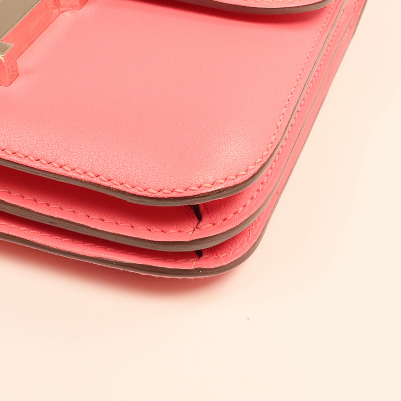 HERMES Swift皮革Mini Constance銀扣手挽肩背兩用袋Rose Azalee-5