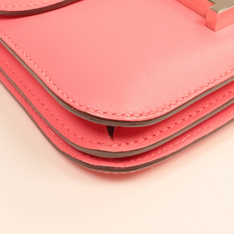 HERMES Swift皮革Mini Constance銀扣手挽肩背兩用袋Rose Azalee-6