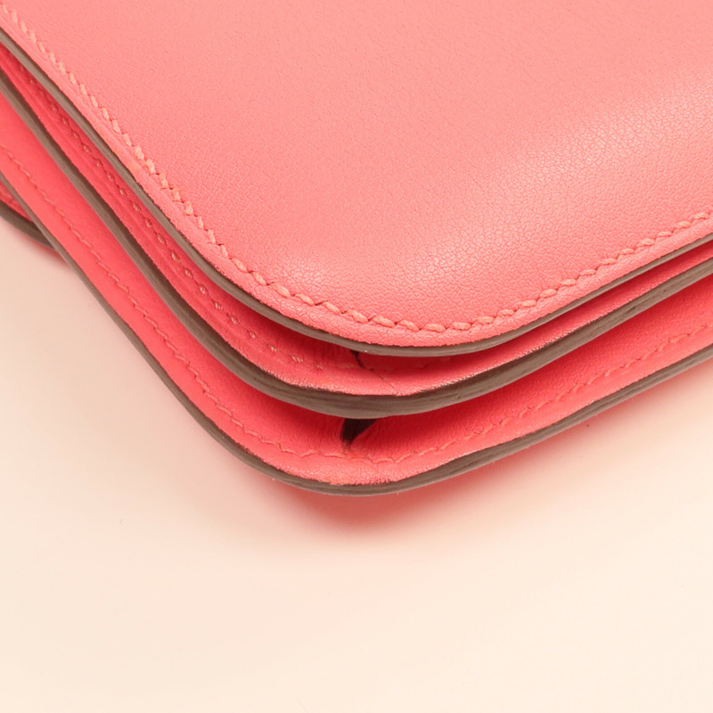 HERMES Swift皮革Mini Constance銀扣手挽肩背兩用袋Rose Azalee-8