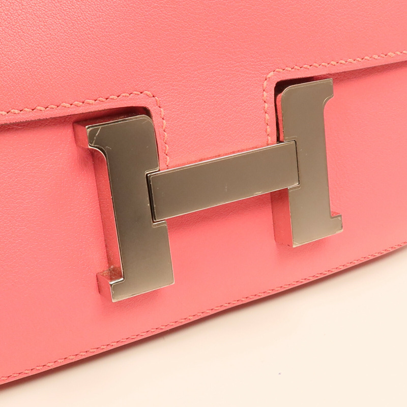 HERMES Swift皮革Mini Constance銀扣手挽肩背兩用袋Rose Azalee-9