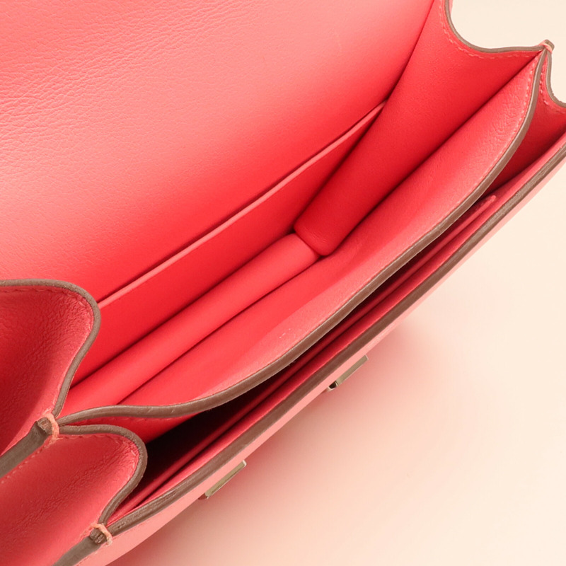 HERMES Swift皮革Mini Constance銀扣手挽肩背兩用袋Rose Azalee-11