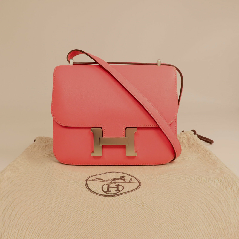 HERMES Swift皮革Mini Constance銀扣手挽肩背兩用袋Rose Azalee-17