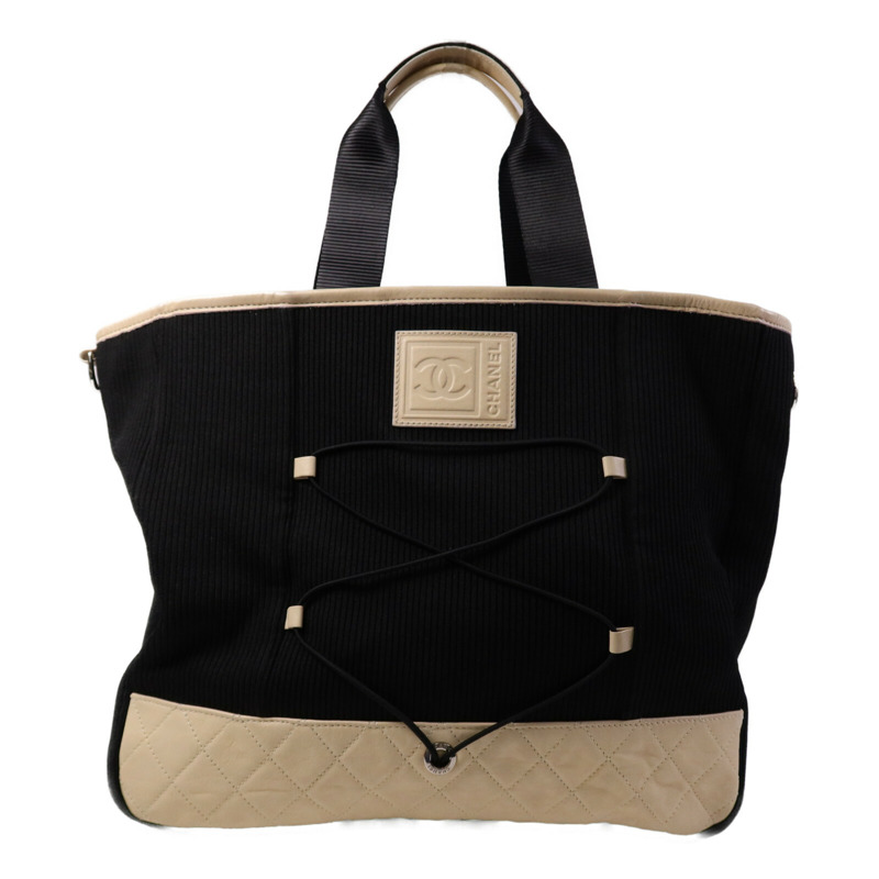 CHANEL 牛皮皮革/帆布Tote Bag銀扣肩背袋-0