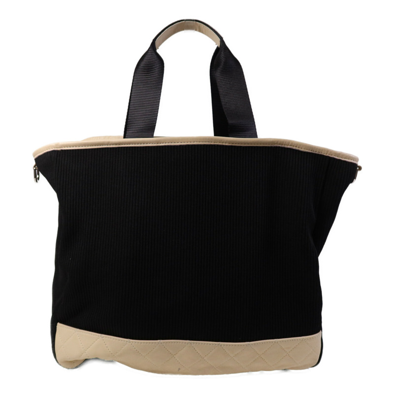 CHANEL 牛皮皮革/帆布Tote Bag銀扣肩背袋-1