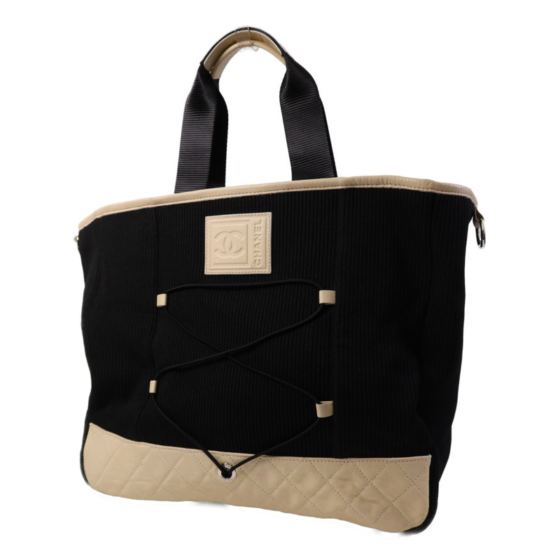 CHANEL 牛皮皮革/帆布Tote Bag銀扣肩背袋-2