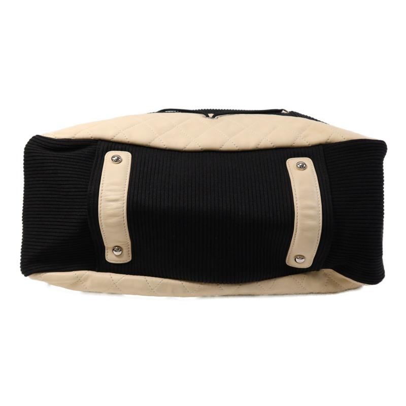CHANEL 牛皮皮革/帆布Tote Bag銀扣肩背袋-3
