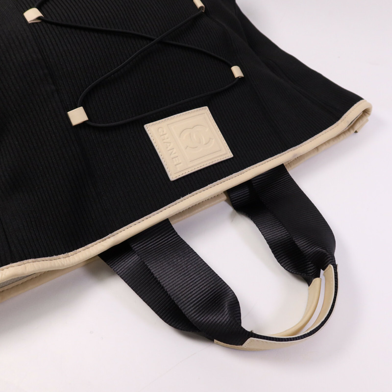 CHANEL 牛皮皮革/帆布Tote Bag銀扣肩背袋-8