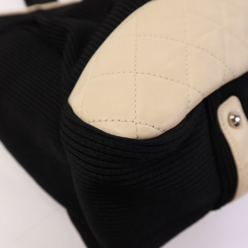 CHANEL 牛皮皮革/帆布Tote Bag銀扣肩背袋-10