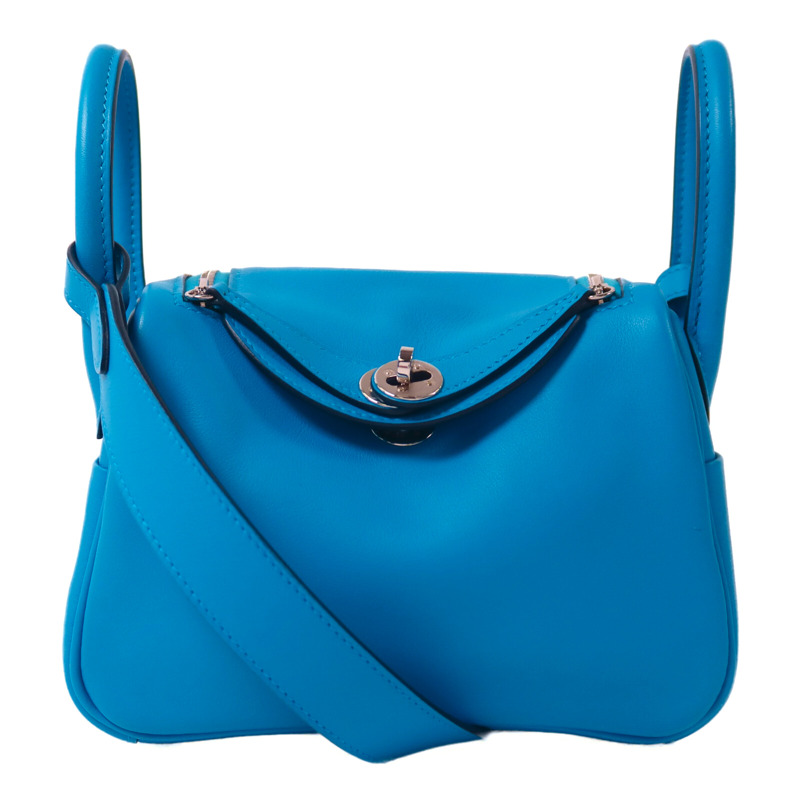 HERMES Swift皮革Mini Lindy銀扣手挽肩背兩用袋Bleu Frida-0
