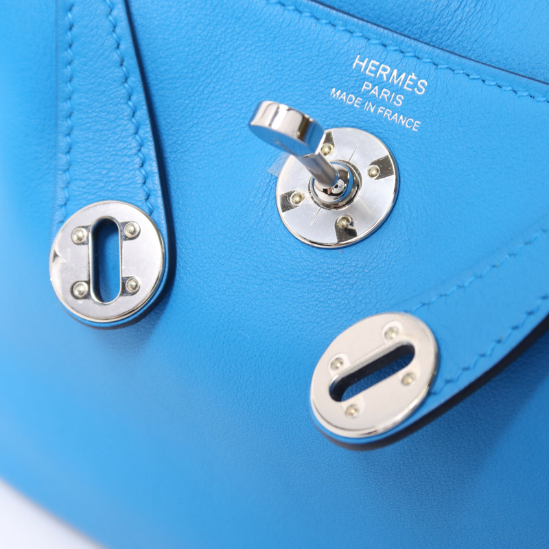 HERMES Swift皮革Mini Lindy銀扣手挽肩背兩用袋Bleu Frida-7