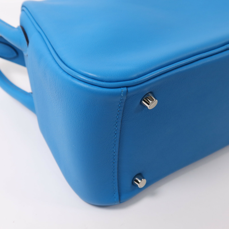 HERMES Swift皮革Mini Lindy銀扣手挽肩背兩用袋Bleu Frida-11