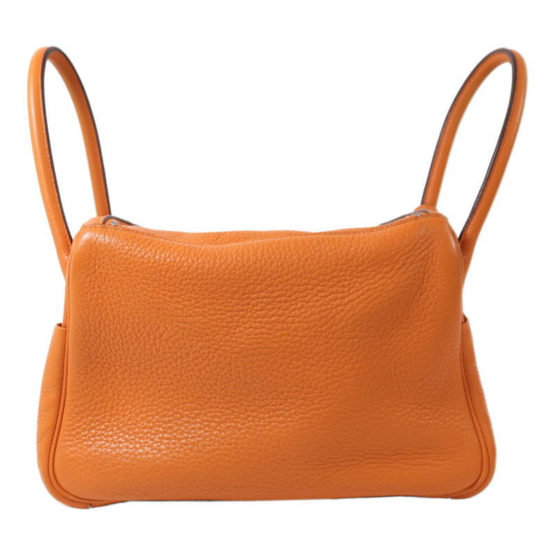 HERMES Clemence皮革Lindy 26銀扣手挽肩背兩用袋Orange-1