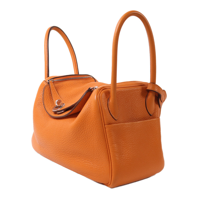 HERMES Clemence皮革Lindy 26銀扣手挽肩背兩用袋Orange-2