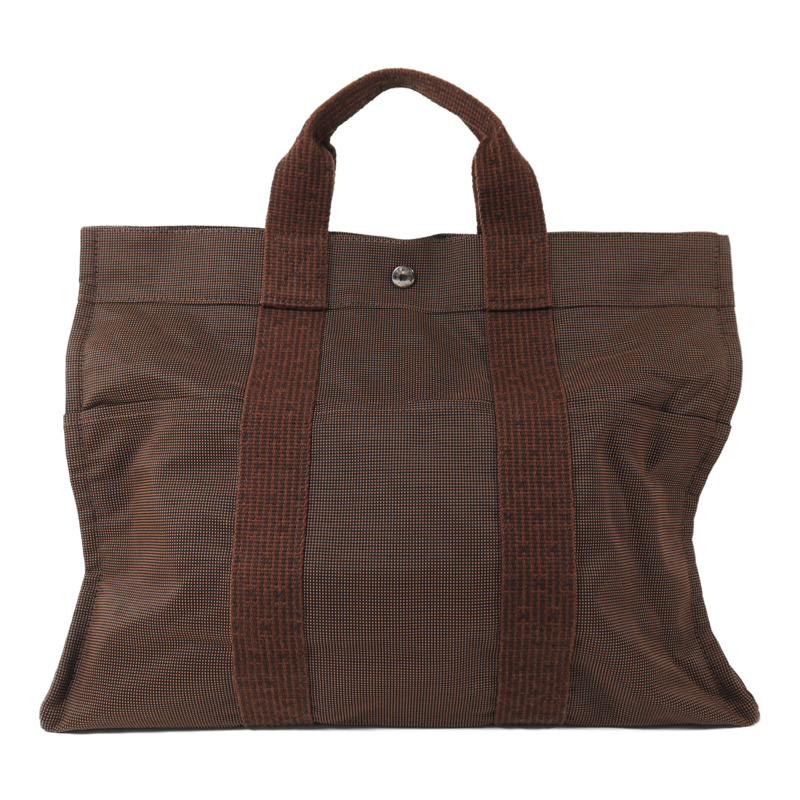 HERMES 帆布Her Line MM銀扣手挽袋Brown-0