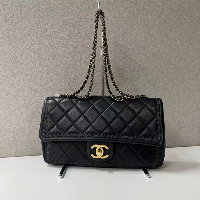 「JL精品代購」 香奈兒黑金山羊皮外縫滾邊cf鏈條包-0