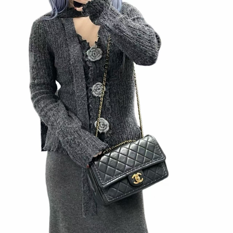 「JL精品代購」 香奈兒黑金山羊皮外縫滾邊cf鏈條包-2