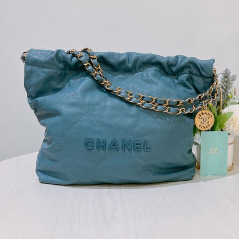 TK1948	香奈兒22  小號 荔枝牛皮 垃圾袋 灰藍色 Tote Bag Small Caviar Blue x GHW