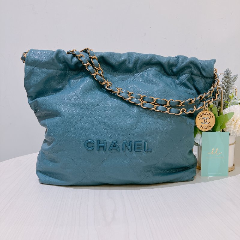 TK1948 香奈兒22 小號 荔枝牛皮 垃圾袋 灰藍色 Tote Bag Small Caviar Blue x GHW-0