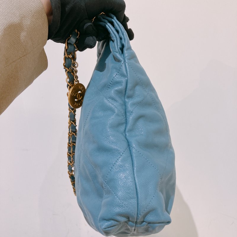 TK1948	香奈兒22  小號 荔枝牛皮 垃圾袋 灰藍色 Tote Bag Small Caviar Blue x GHW-4