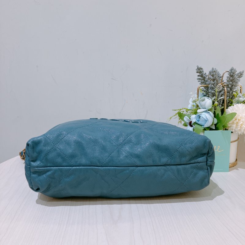 TK1948	香奈兒22  小號 荔枝牛皮 垃圾袋 灰藍色 Tote Bag Small Caviar Blue x GHW-5
