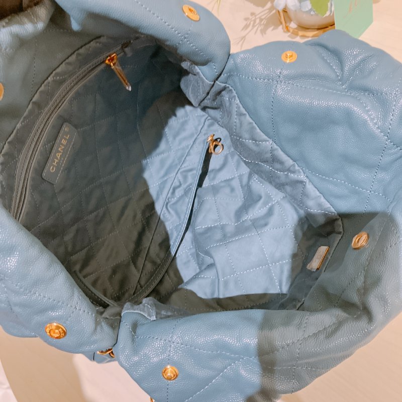 TK1948	香奈兒22  小號 荔枝牛皮 垃圾袋 灰藍色 Tote Bag Small Caviar Blue x GHW-12
