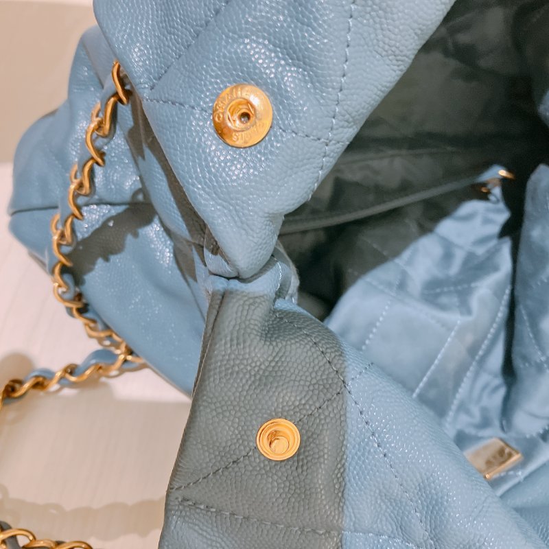 TK1948	香奈兒22  小號 荔枝牛皮 垃圾袋 灰藍色 Tote Bag Small Caviar Blue x GHW-14