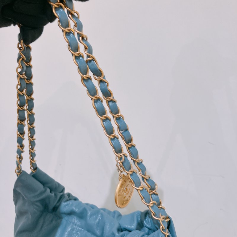 TK1948	香奈兒22  小號 荔枝牛皮 垃圾袋 灰藍色 Tote Bag Small Caviar Blue x GHW-26