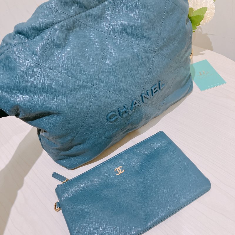 TK1948	香奈兒22  小號 荔枝牛皮 垃圾袋 灰藍色 Tote Bag Small Caviar Blue x GHW-31
