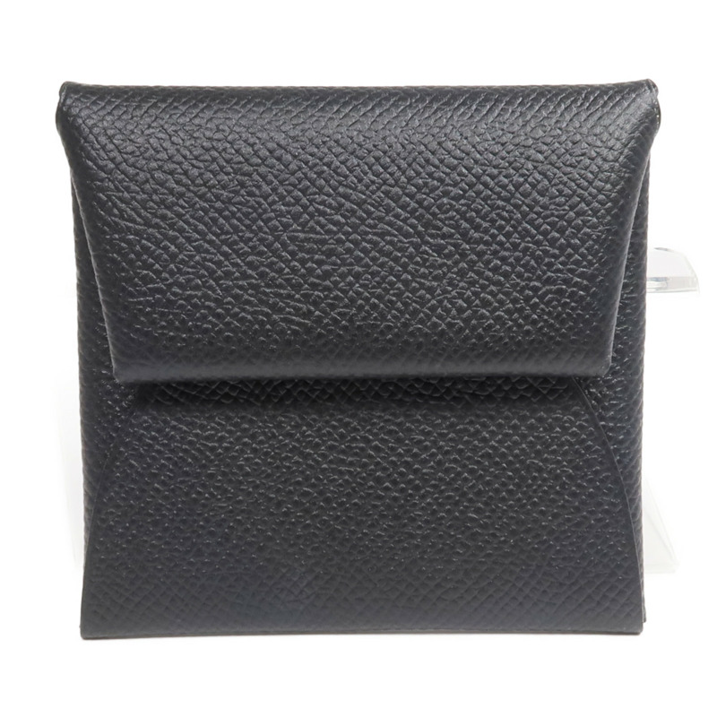 HERMES Epsom皮革Bastia銀扣零錢包Noir-0