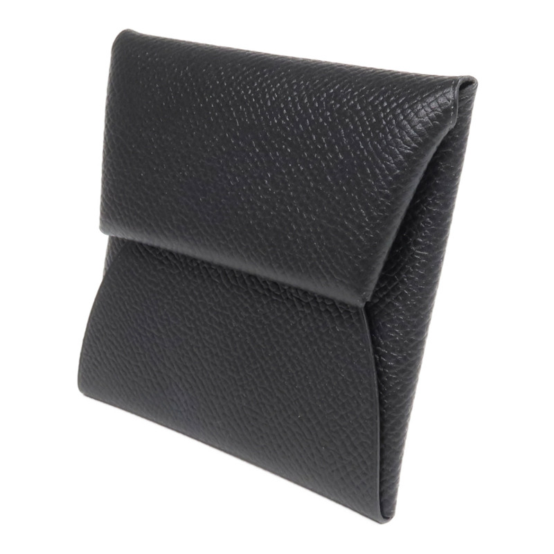 HERMES Epsom皮革Bastia銀扣零錢包Noir-1