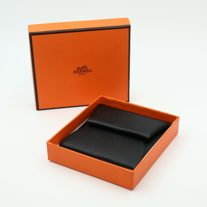 HERMES Epsom皮革Bastia銀扣零錢包Noir-9