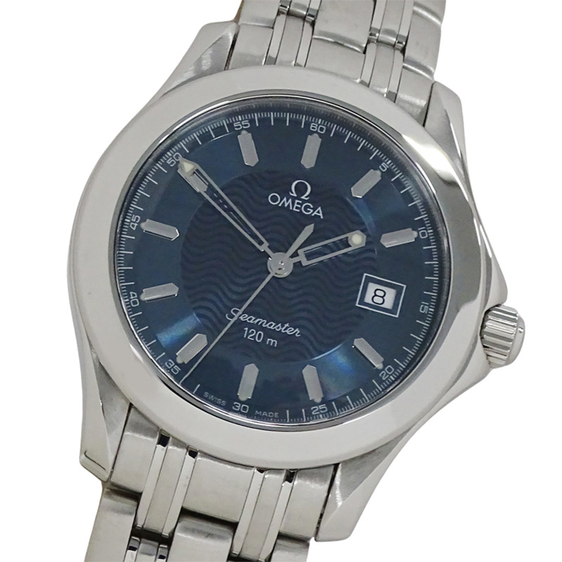 歐米茄海馬系列 2511.81 男士腕錶，120公尺防水，日期顯示，石英機芯，QZ系列，不鏽鋼錶殼，銀色，海軍藍錶盤，拋光處理-0