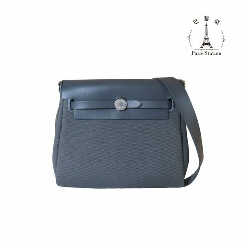 【巴黎站二手名牌專賣店】＊現貨＊HERMES 愛馬仕 真品＊K刻MINI HERBAG深灰帆布石板灰皮革銀釦斜背包