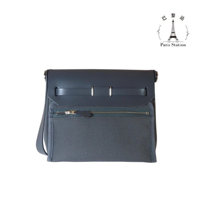 【巴黎站二手名牌專賣店】＊現貨＊HERMES 愛馬仕 真品＊K刻MINI HERBAG深灰帆布石板灰皮革銀釦斜背包-1