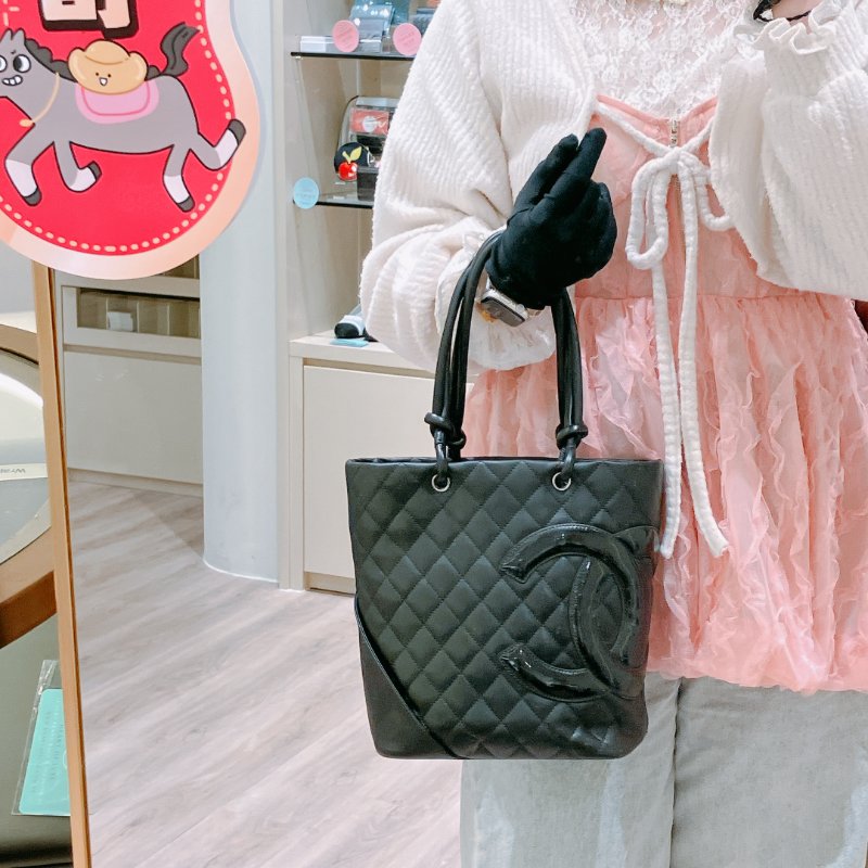 TK1949 香奈兒 復古 黑色內拼粉紅 Chanel Vintage Cambon Line Tote Bag Calfskin Black-9