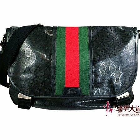 ＊奢華大道國際精品＊【G1607】GUCCI黑色雷射PVC綠紅綠微笑斜背包 269376