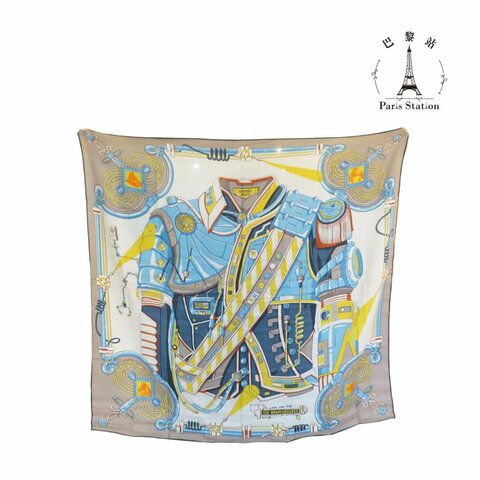 【巴黎站二手名牌專賣店】＊現貨＊HERMES 愛馬仕 真品＊Neo Brandebourgs藍白軍服圖案絲巾105X105方巾