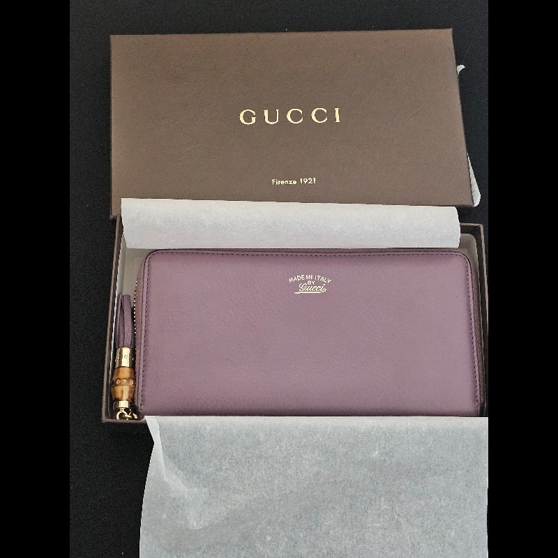 GUCCI 古馳 Swing 牛皮流蘇拉鍊長夾(紫芋色) 少見稀有-0