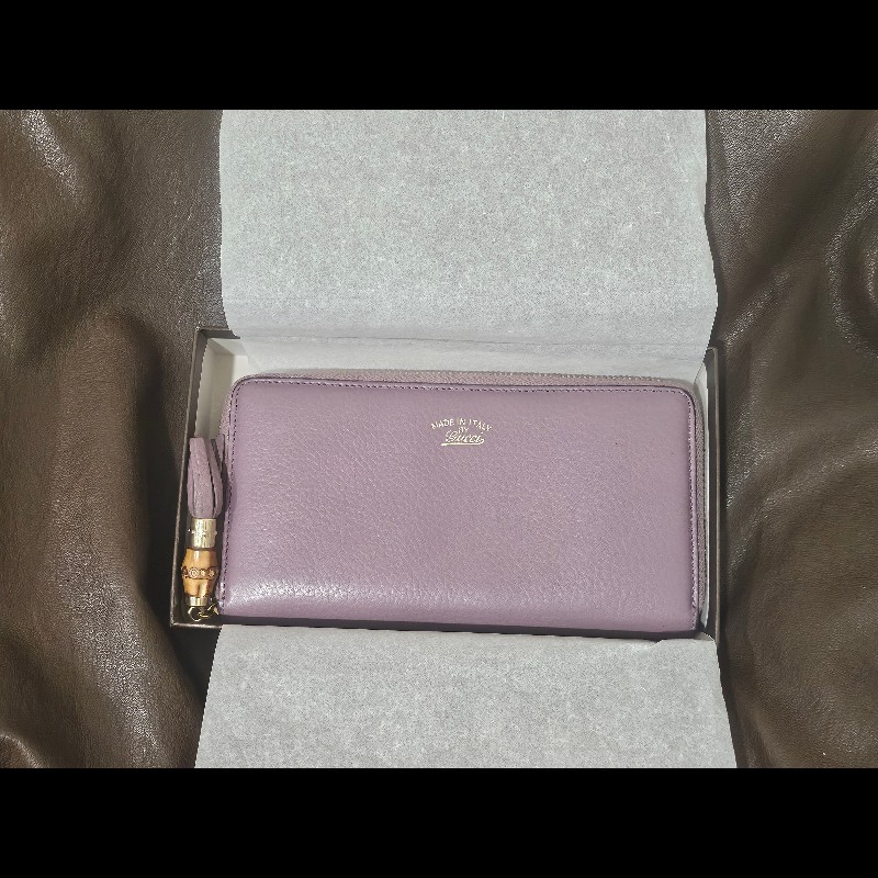 GUCCI 古馳 Swing 牛皮流蘇拉鍊長夾(紫芋色) 少見稀有-5