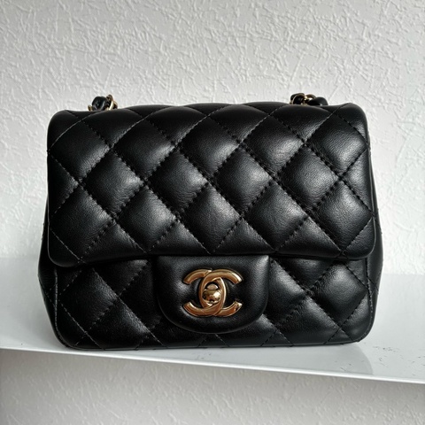 chanel A35200黑色羊皮菱格紋淡金雙C方胖子 17公分