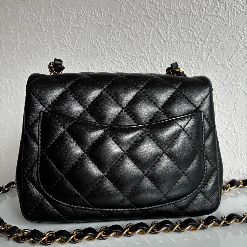 chanel A35200黑色羊皮菱格紋淡金雙C方胖子 17公分-1
