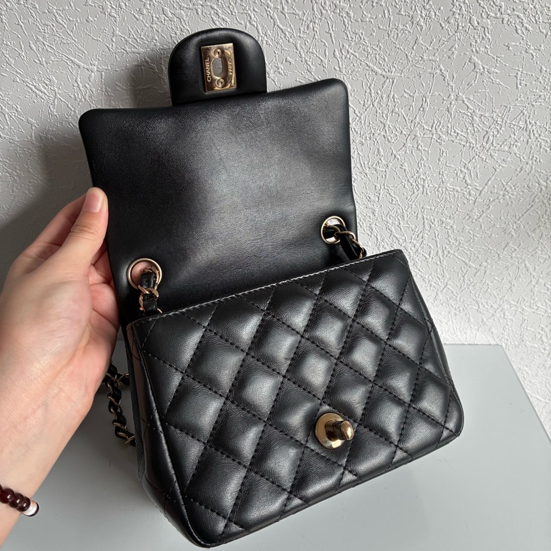 chanel A35200黑色羊皮菱格紋淡金雙C方胖子 17公分-3