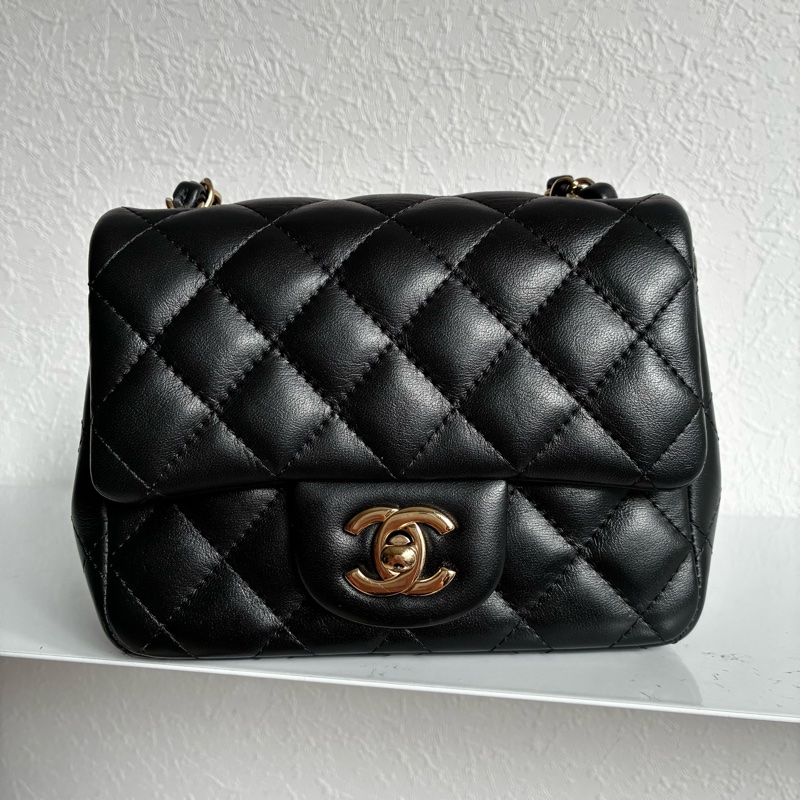 chanel A35200黑色羊皮菱格紋淡金雙C方胖子 17公分-5