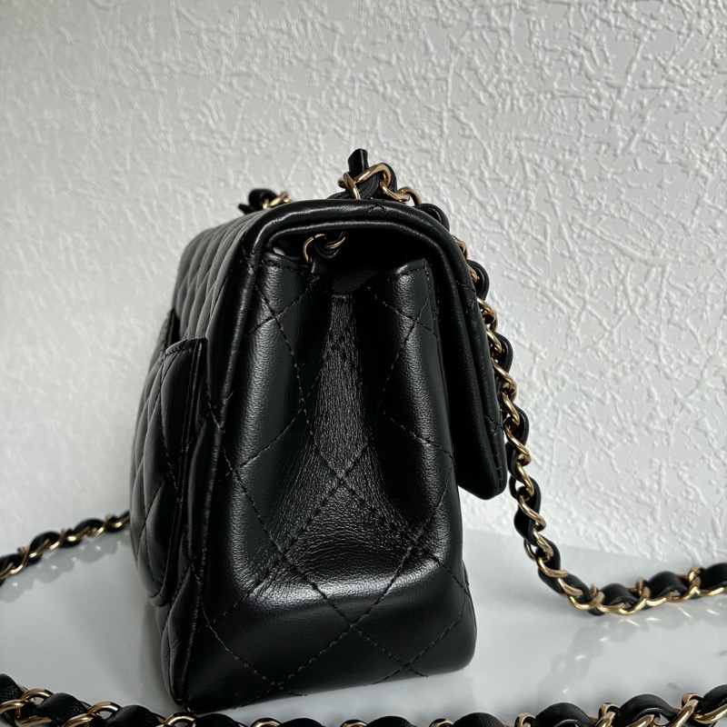 chanel A35200黑色羊皮菱格紋淡金雙C方胖子 17公分-8