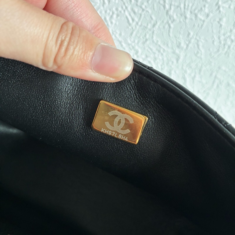 chanel A35200黑色羊皮菱格紋淡金雙C方胖子 17公分-19